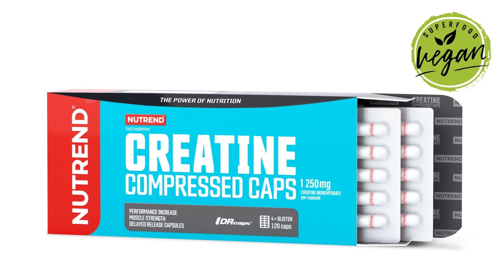 CREATINE COMPRESSED CAPS, obsahuje 120 kapslí NUTREND